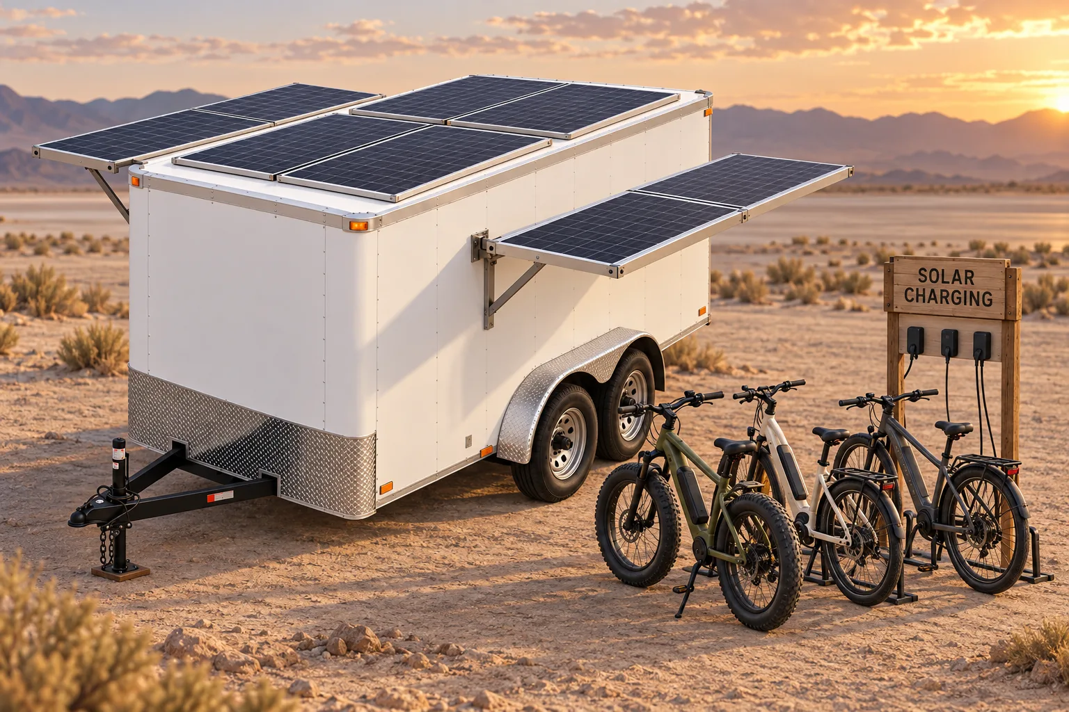 Concept illustration of the solar trailer with deployed solar wings and e-bikes parked beside a solar charging station