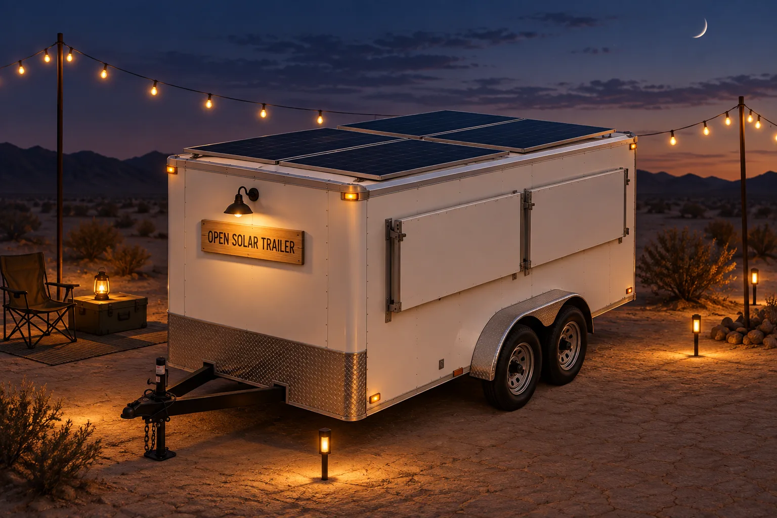 Concept illustration of the solar trailer at dusk, with a glowing project sign, warm string lights and pathway lighting