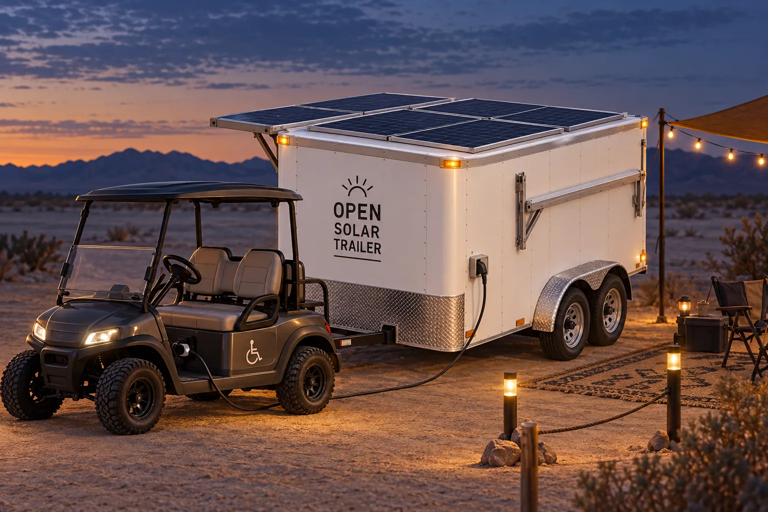 Concept illustration of an electric accessibility vehicle charging beside the trailer while warm camp lights remain on