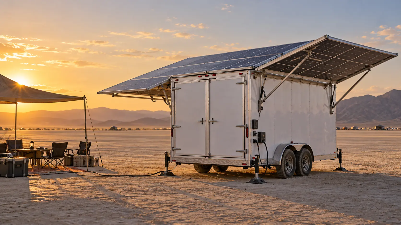 Concept image of an enclosed cargo trailer with roof and side-wing solar panels deployed on a desert lakebed